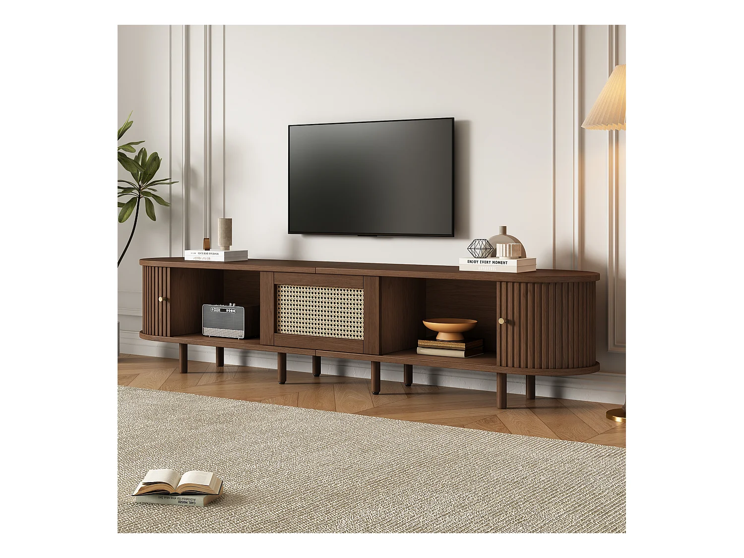 Mobile TV ovale con 2 ante scorrevoli e 1 cassetto in rattan - 180 x 40 x 40 cm - Legno MDF - Noce scuro