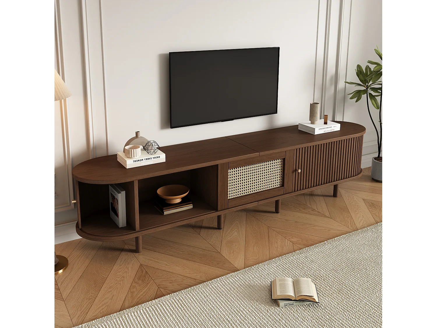 Ovales TV-Möbel mit 2 Schiebetüren und 1 Rattan-Schublade – 180 x 40 x 40 cm – MDF-Holz – Dunkler Nussbaum