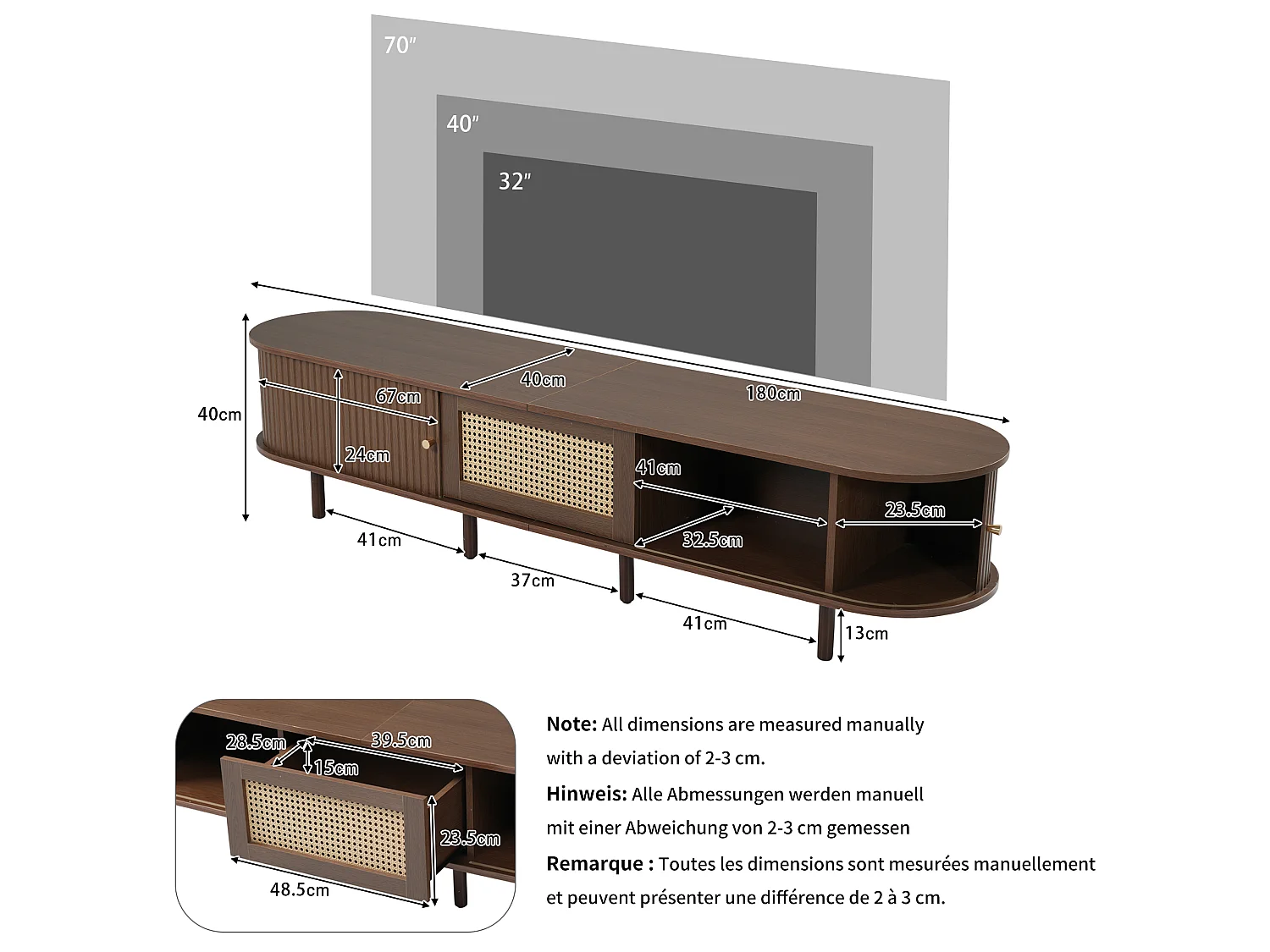 Ovales TV-Möbel mit 2 Schiebetüren und 1 Rattan-Schublade – 180 x 40 x 40 cm – MDF-Holz – Dunkler Nussbaum