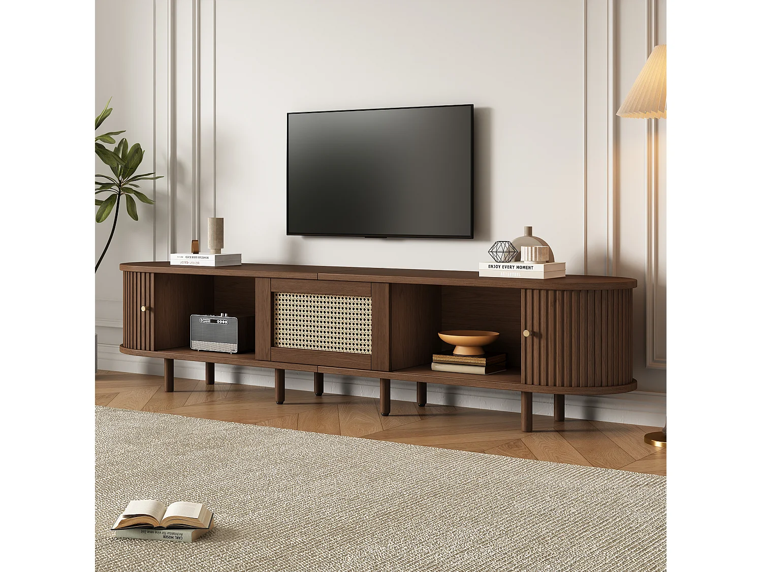 Ovales TV-Möbel mit 2 Schiebetüren und 1 Rattan-Schublade – 180 x 40 x 40 cm – MDF-Holz – Dunkler Nussbaum