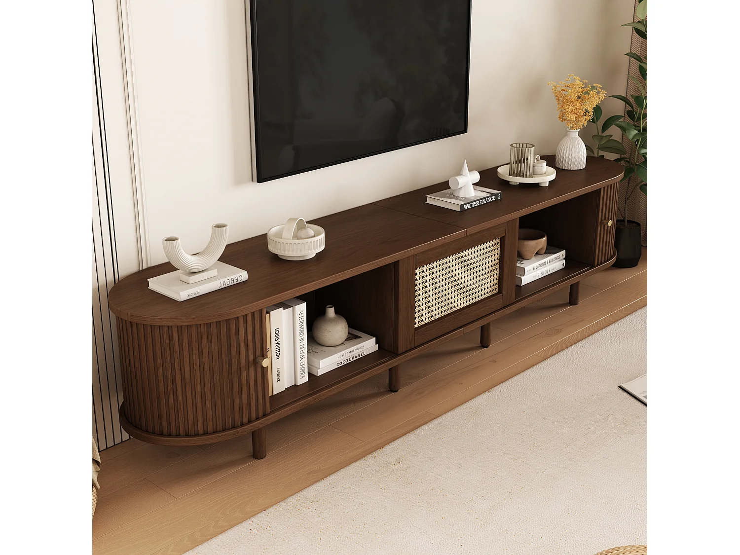 Ovales TV-Möbel mit 2 Schiebetüren und 1 Rattan-Schublade – 180 x 40 x 40 cm – MDF-Holz – Dunkler Nussbaum