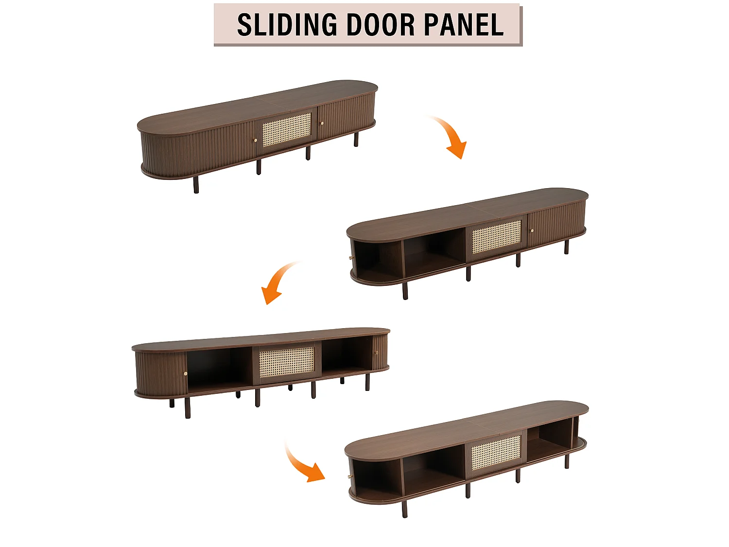 Ovales TV-Möbel mit 2 Schiebetüren und 1 Rattan-Schublade – 180 x 40 x 40 cm – MDF-Holz – Dunkler Nussbaum