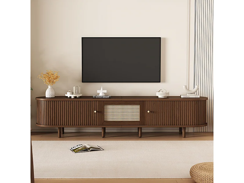 Mobile TV ovale con 2 ante scorrevoli e 1 cassetto in rattan - 180 x 40 x 40 cm - Legno MDF - Noce scuro
