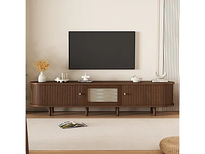 Meuble TV ovale avec 2 portes coulissantes et 1 tiroir en rotin - 180 x 40 x 40 cm - Bois MDF - Noyer foncé