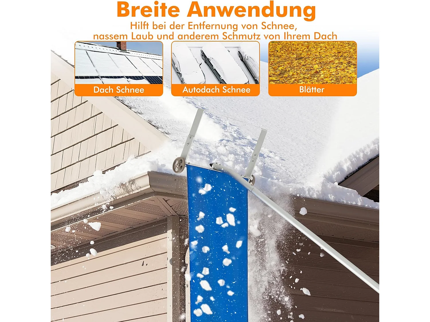 Sneeuwruimer met wielen voor dak, sneeuwruimer met telescoopsteel, antislip handgreep, dakruimer, sneeuwschep, sneeuwschuiver van aluminium, instelbereik 151-611 cm