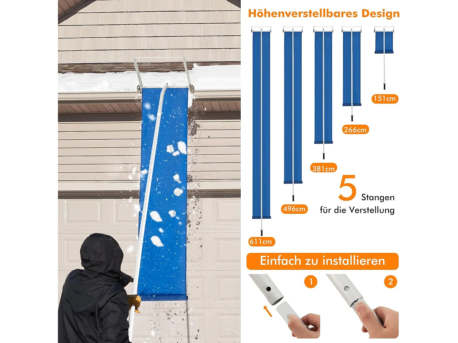 Sneeuwruimer met wielen voor dak, sneeuwruimer met telescoopsteel, antislip handgreep, dakruimer, sneeuwschep, sneeuwschuiver van aluminium, instelbereik 151-611 cm