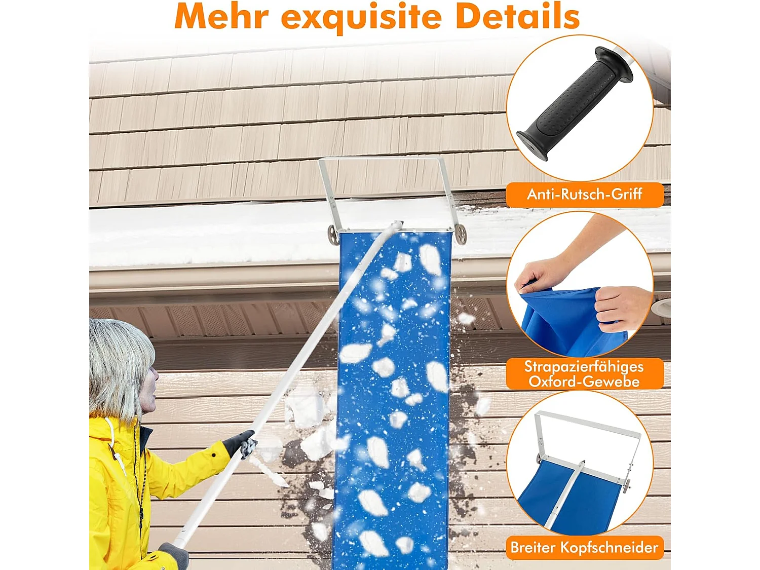 Sneeuwruimer met wielen voor dak, sneeuwruimer met telescoopsteel, antislip handgreep, dakruimer, sneeuwschep, sneeuwschuiver van aluminium, instelbereik 151-611 cm