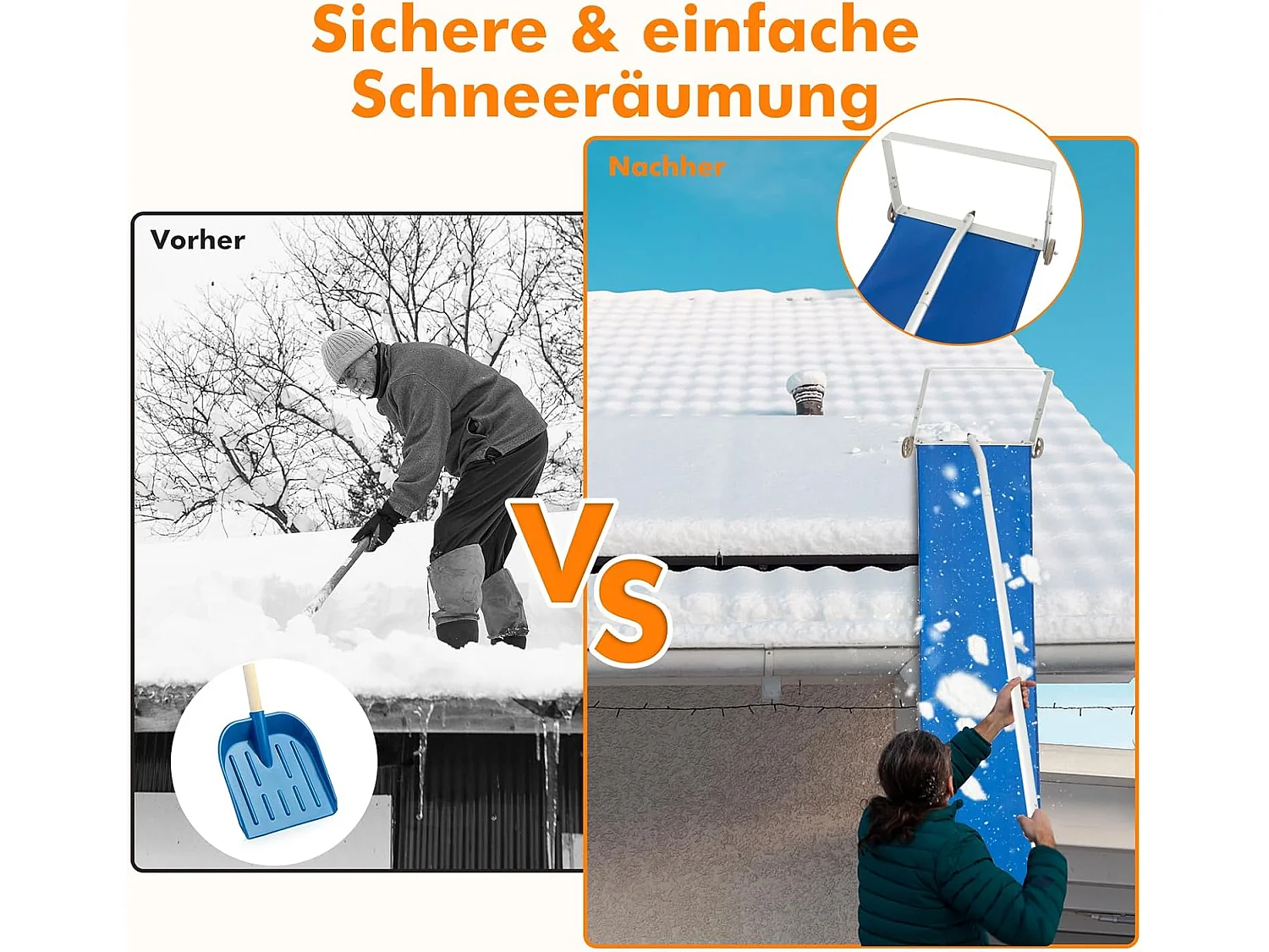 Sneeuwruimer met wielen voor dak, sneeuwruimer met telescoopsteel, antislip handgreep, dakruimer, sneeuwschep, sneeuwschuiver van aluminium, instelbereik 151-611 cm