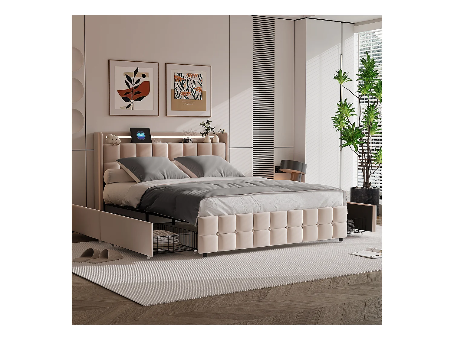 Parure de lit 3 pièces, d'oreiller*2(80 x 80),drap-housse(160 x 200)+housse de couette(155 x 220),Gris foncé+gris clair,polyester