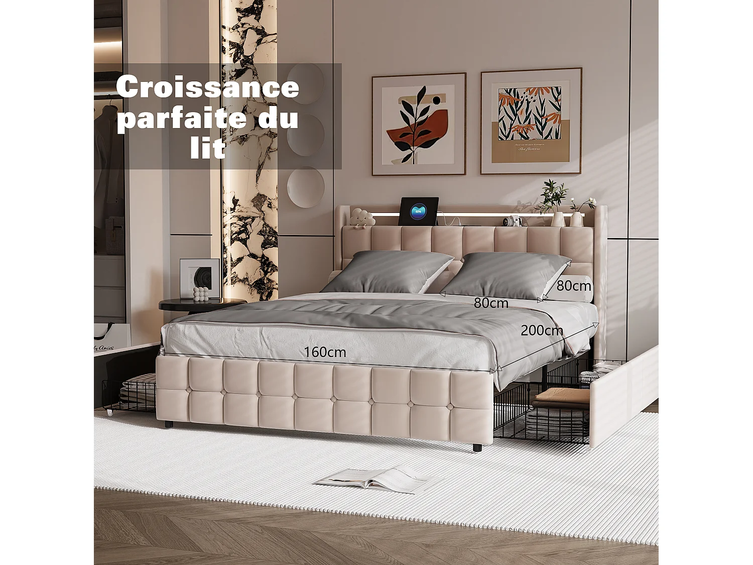 Parure de lit 3 pièces, d'oreiller*2(80 x 80),drap-housse(160 x 200)+housse de couette(155 x 220),Gris foncé+gris clair,polyester