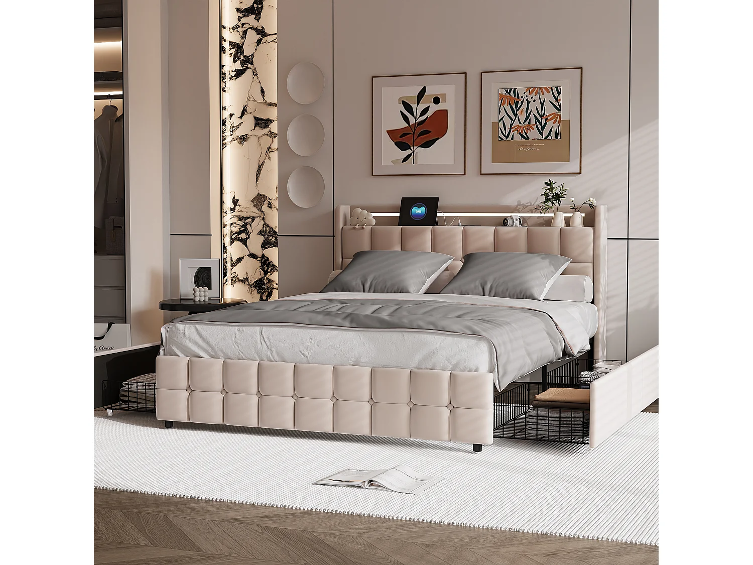 Parure de lit 3 pièces, d'oreiller*2(80 x 80),drap-housse(160 x 200)+housse de couette(155 x 220),Gris foncé+gris clair,polyester