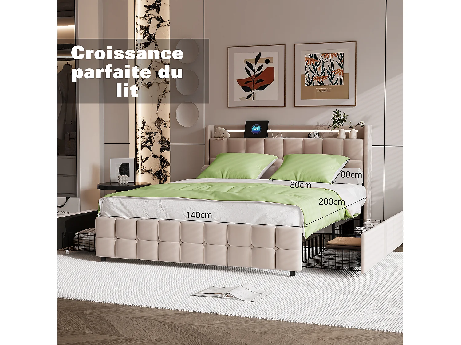 Conjunto de cama de 3 peças, fronha*2 (80 x 80), lençol com elástico (140 x 200) + capa de edredom (140 x 210), verde, poliéster