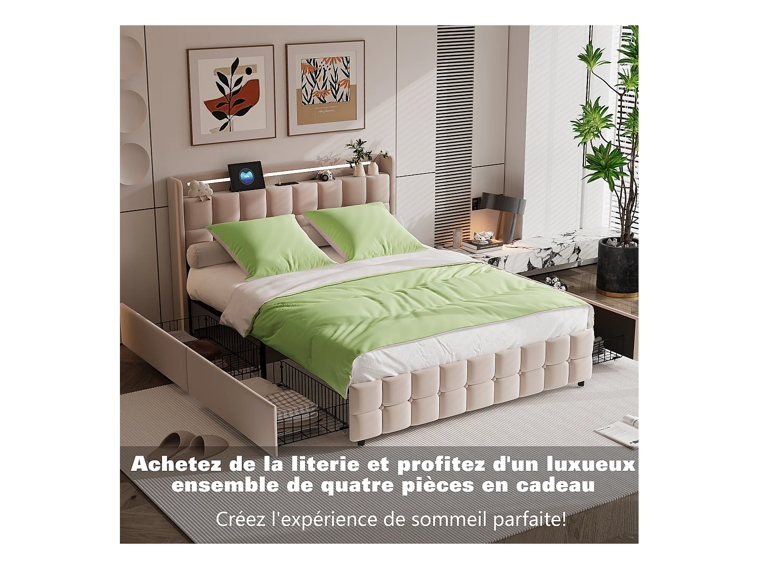 Parure de lit 3 pièces, d'oreiller*2(80 x 80), drap-housse (160 x 200) + housse de couette (155 x 220), vert, polyester