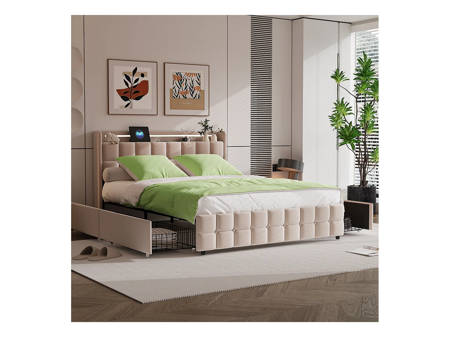 Parure de lit 3 pièces, d'oreiller*2(80 x 80), drap-housse (160 x 200) + housse de couette (155 x 220), vert, polyester