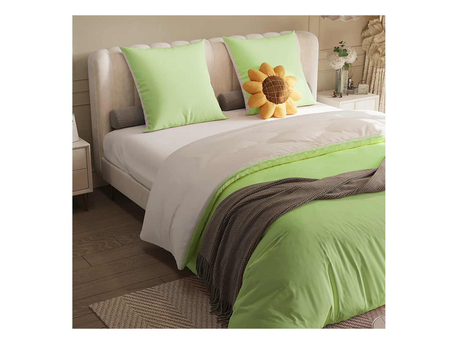 Parure de lit 3 pièces, d'oreiller*2(80 x 80), drap-housse (160 x 200) + housse de couette (155 x 220), vert, polyester