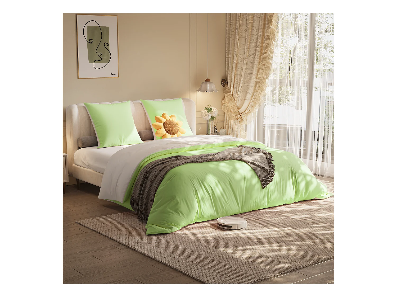 Juego de cama de 3 piezas, funda de almohada*2 (80x80), sábana bajera (160x200) + funda nórdica (155x220), verde, poliéster