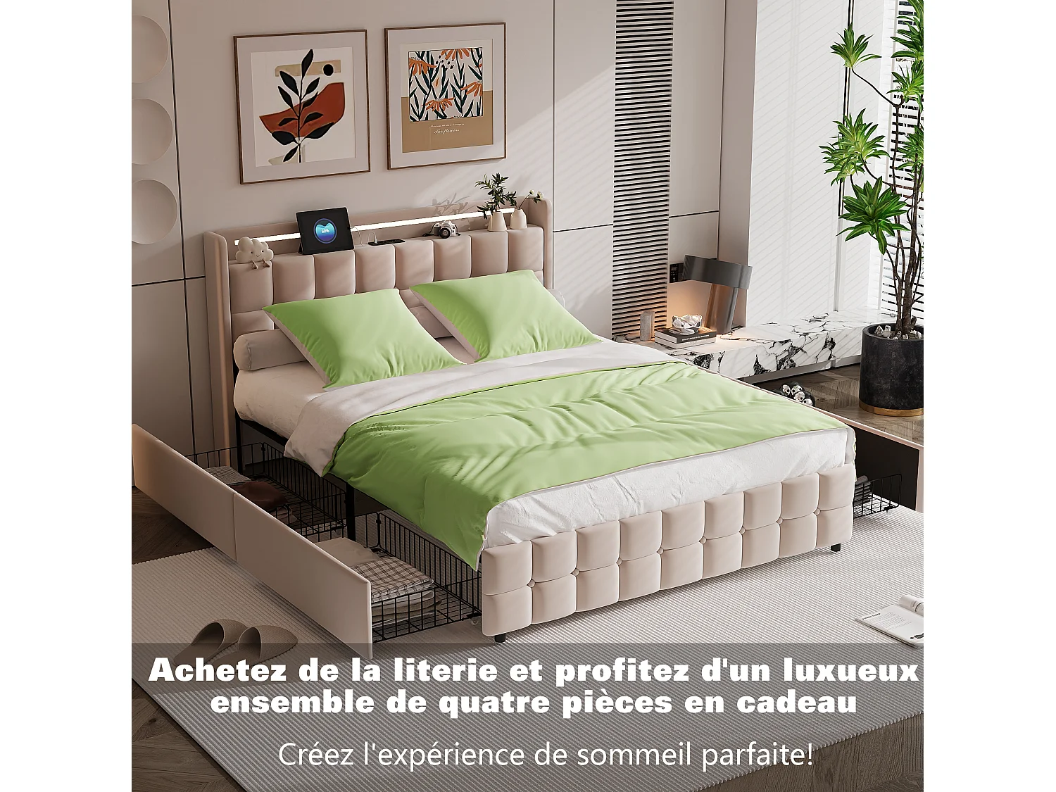 Parure de lit 3 pièces, d'oreiller*2(80 x 80), drap-housse (160 x 200) + housse de couette (155 x 220), vert, polyester