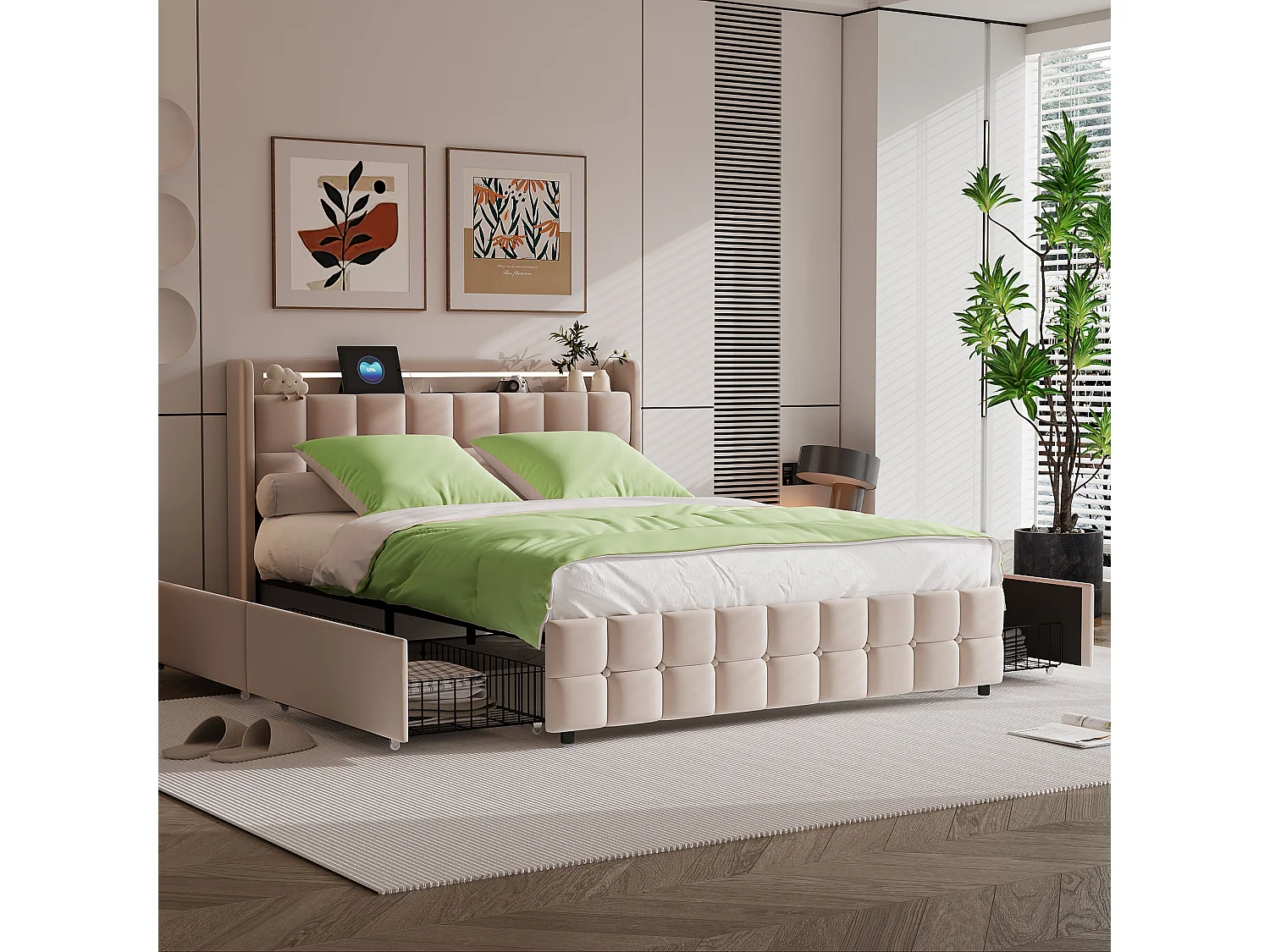 Parure de lit 3 pièces, d'oreiller*2(80 x 80), drap-housse (160 x 200) + housse de couette (155 x 220), vert, polyester