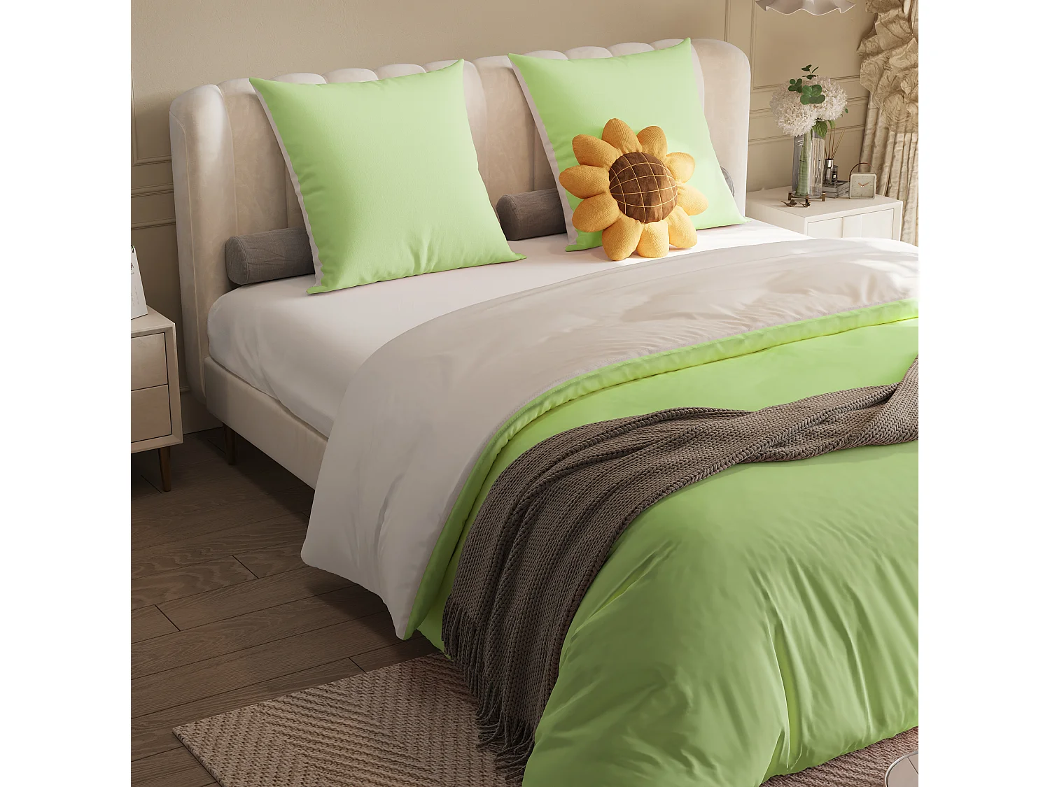 Juego de cama de 3 piezas, incluye 2 fundas de almohada (80 x 80 cm), 1 sábana bajera (160 x 200 cm) + 1 funda nórdica (155 x 220 cm), verde, poliéster