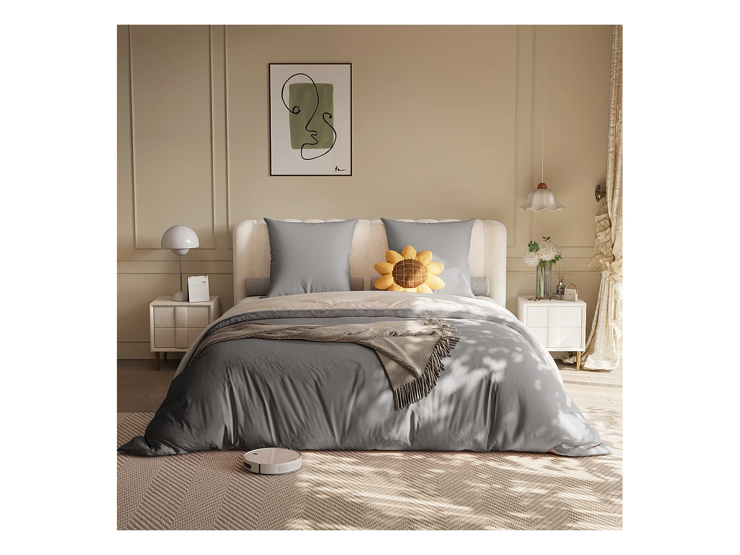 Set di biancheria da letto 3 pezzi, federa*2 (80 x 80), lenzuolo con angoli (140 x 200) + copripiumino (140 x 210), grigio scuro + grigio chiaro, poliestere