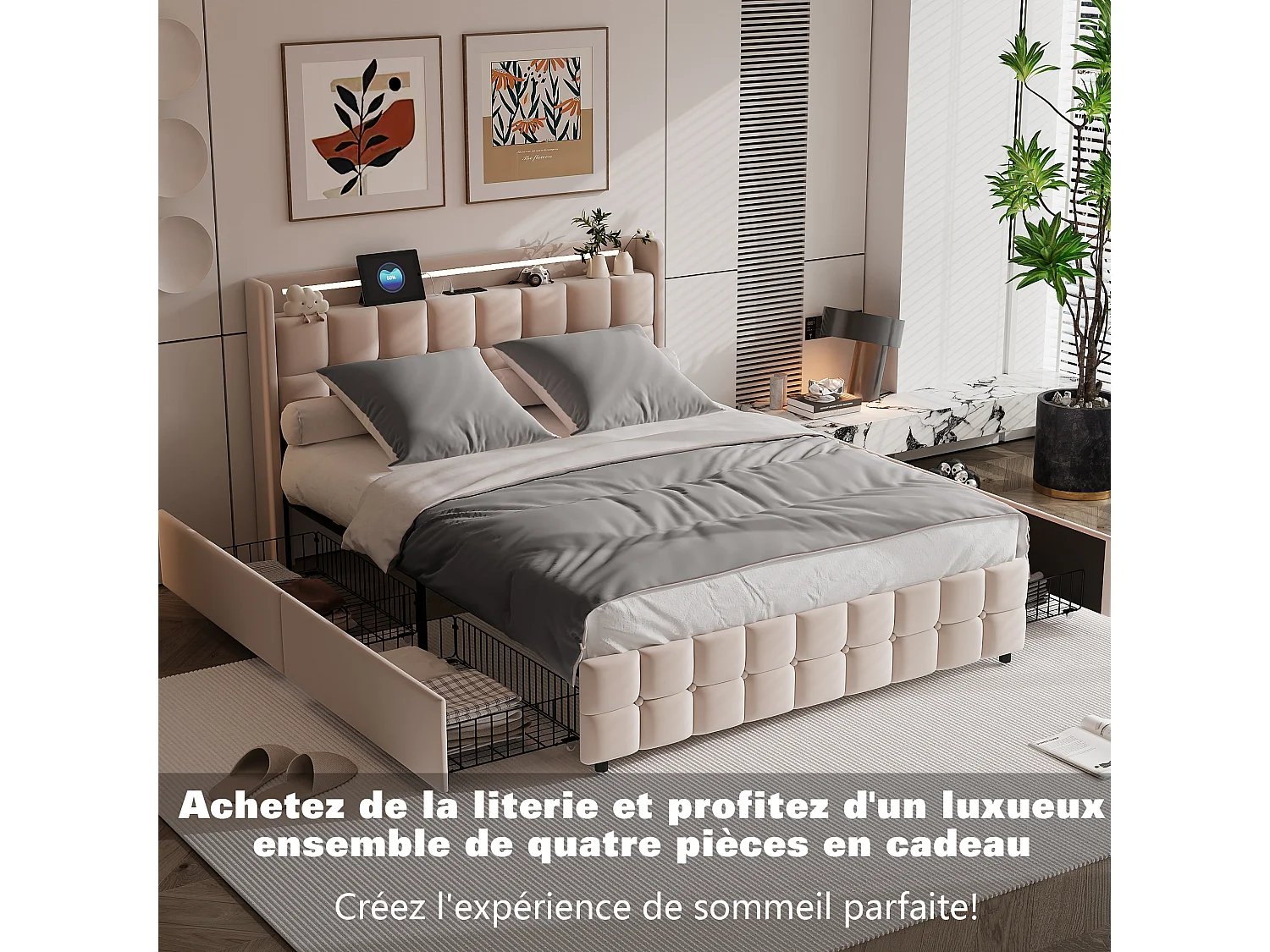 Parure de lit 3 pièces, d'oreiller*2(80 x 80),drap-housse(140 x 200)+housse de couette(140 x 210),Gris foncé+gris clair,polyester