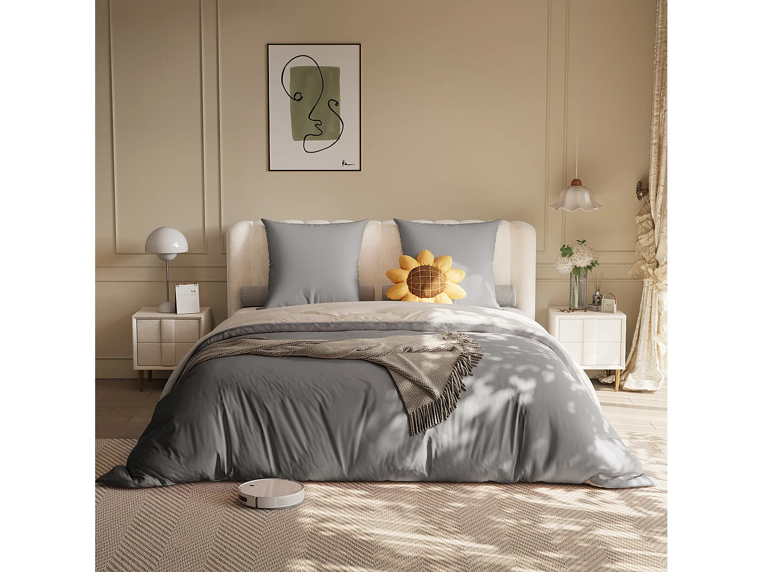 Conjunto de cama de 3 peças, fronha*2 (80 x 80), lençol com elástico (140 x 200) + capa de edredom (140 x 210), cinza escuro + cinza claro, poliéster