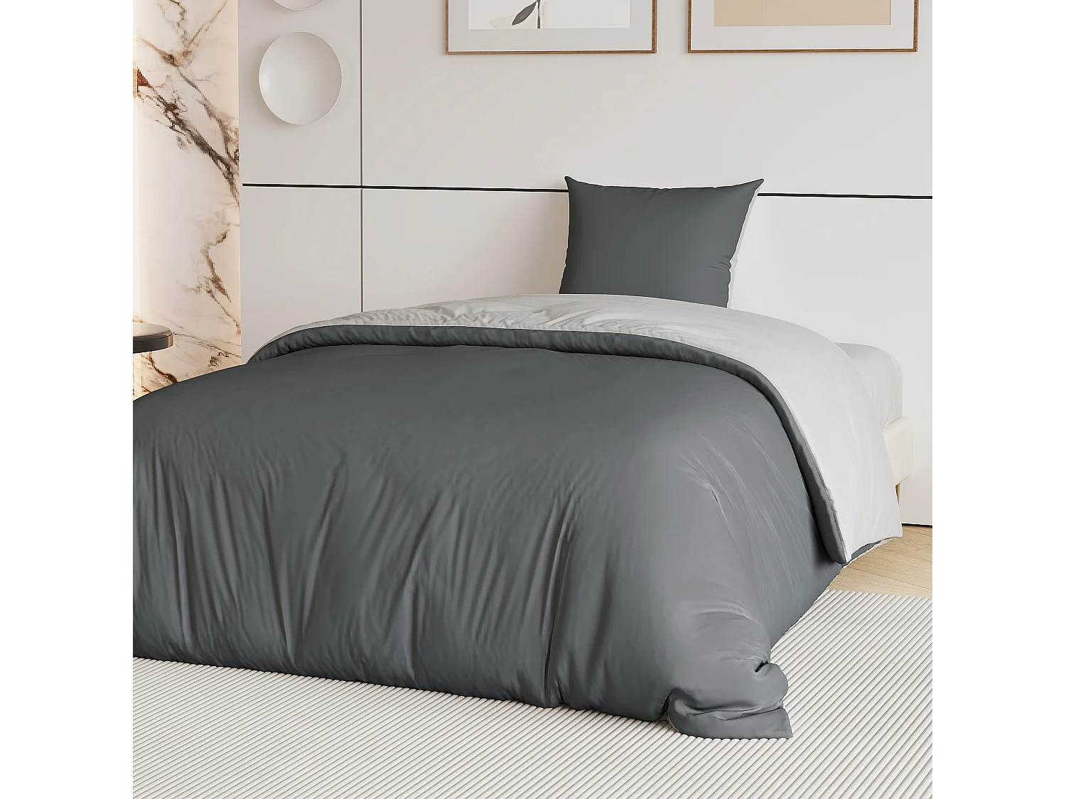 Conjunto de cama de 3 peças, fronha*2 (80 x 80), lençol com elástico (140 x 200) + capa de edredom (140 x 210), cinza escuro + cinza claro, poliéster