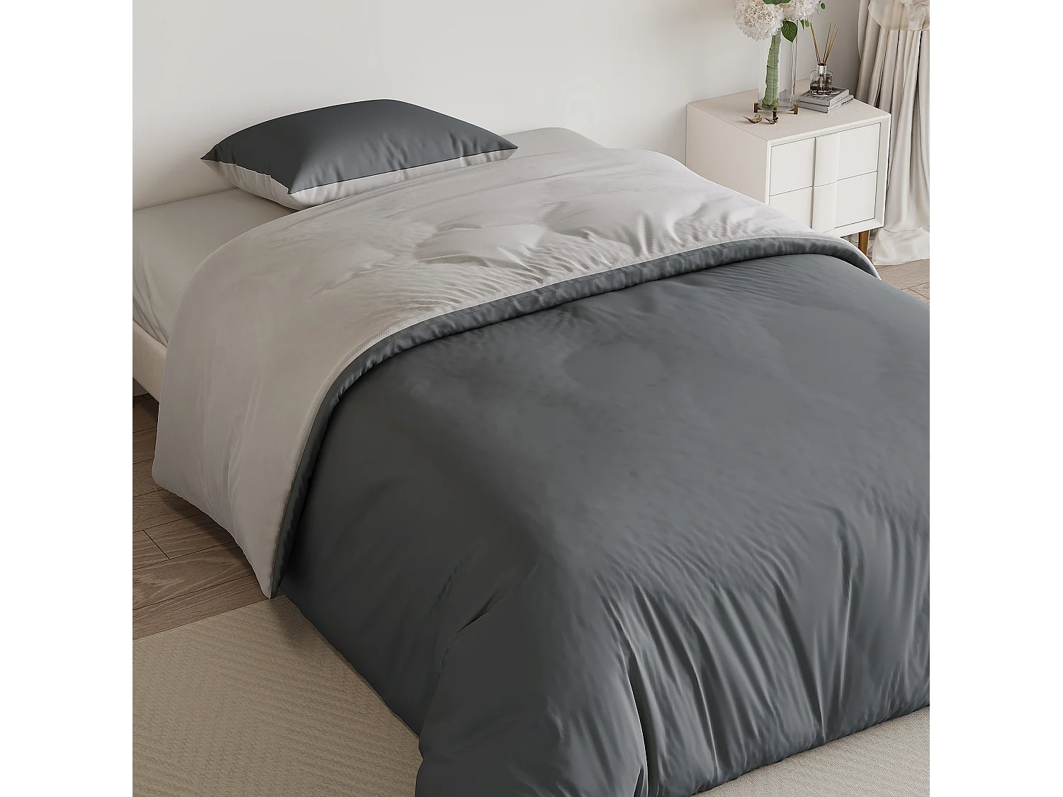 Conjunto de cama de 3 peças, fronha*2 (80 x 80), lençol com elástico (140 x 200) + capa de edredom (140 x 210), cinza escuro + cinza claro, poliéster
