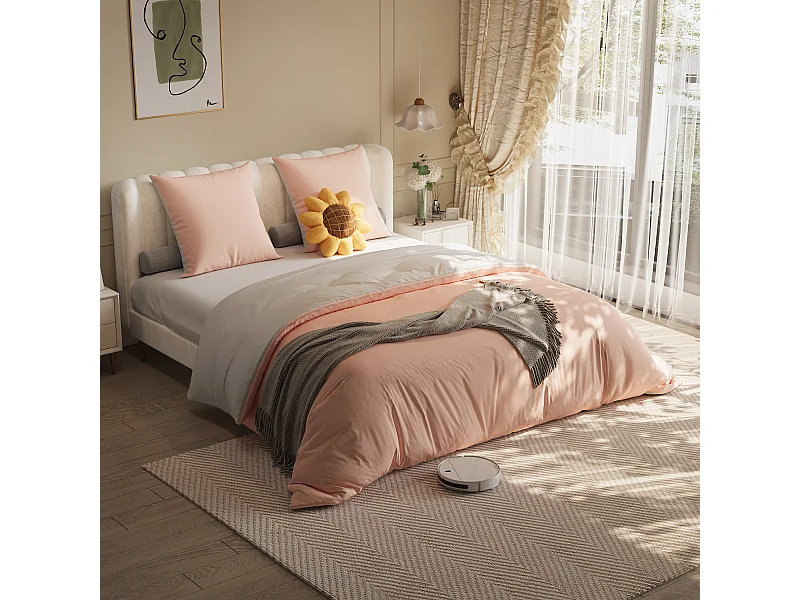 Juego de cama de 3 piezas, funda de almohada*2 (80x80), sábana ajustable (160x200) + funda nórdica (155x220), blanco + rosa, poliéster