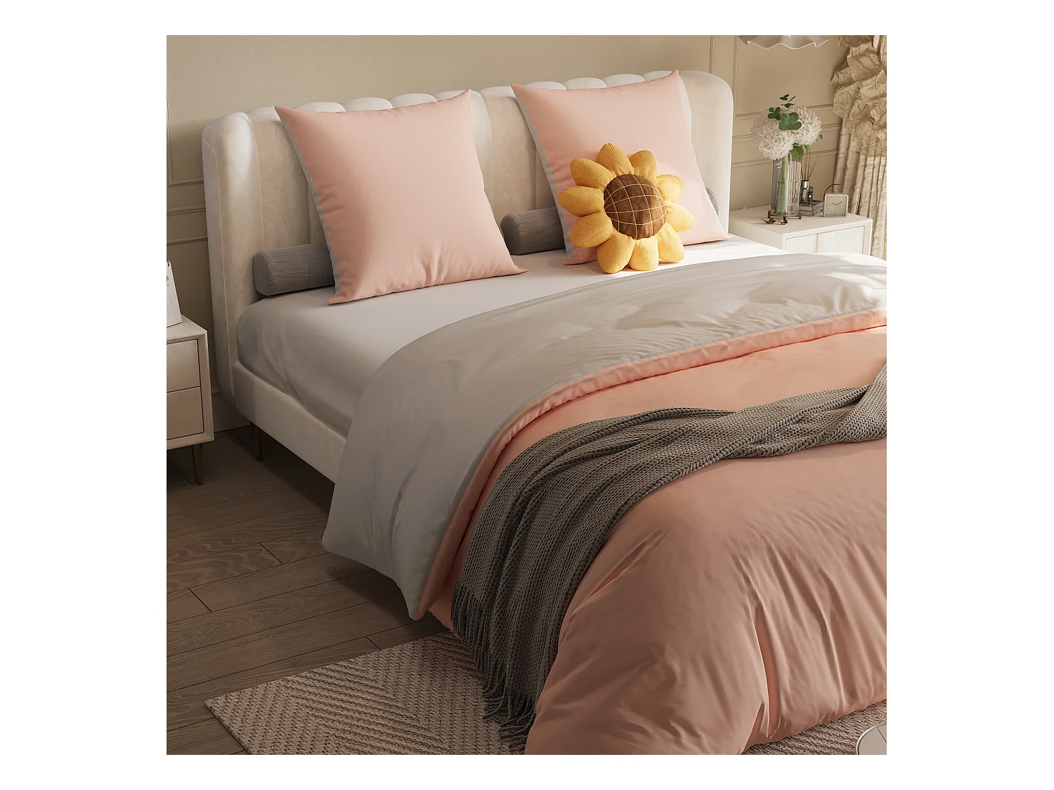 Set di biancheria da letto 3 pezzi, federa*2 (80 x 80), lenzuolo con angoli (160 x 200) + copripiumino (155 x 220), bianco + rosa, poliestere