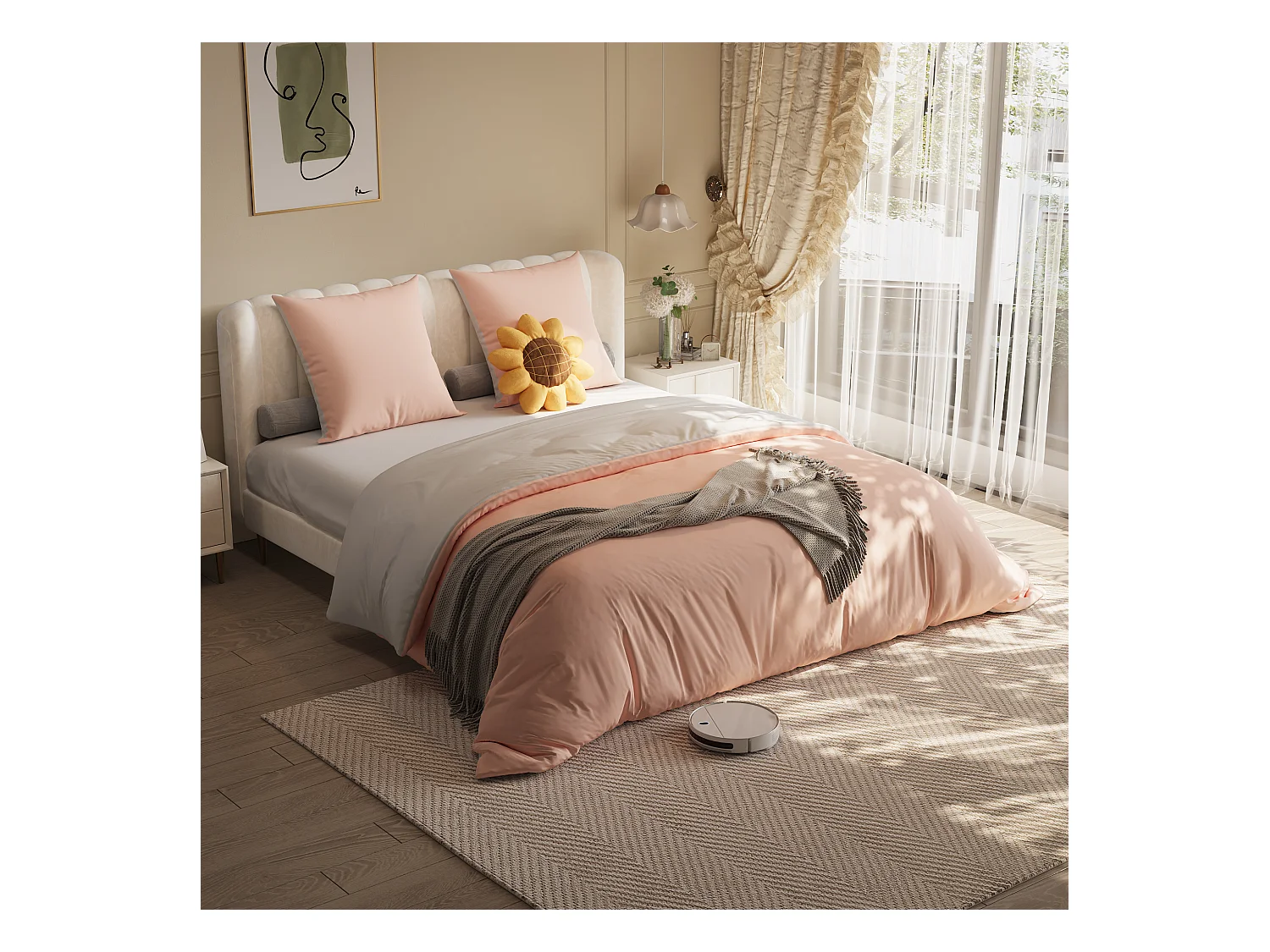 Juego de cama de 3 piezas, funda de almohada*2 (80x80), sábana ajustable (160x200) + funda nórdica (155x220), blanco + rosa, poliéster
