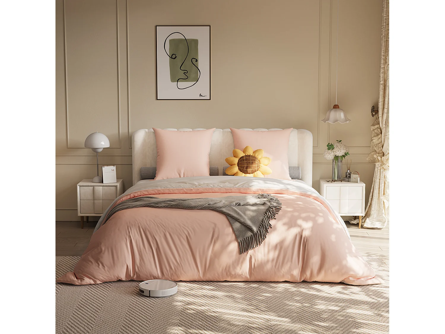 Parure de lit 3 pièces, d'oreiller*2(80 x 80),drap-housse(160 x 200)+housse de couette(155 x 220),Blanc+Rose,polyester