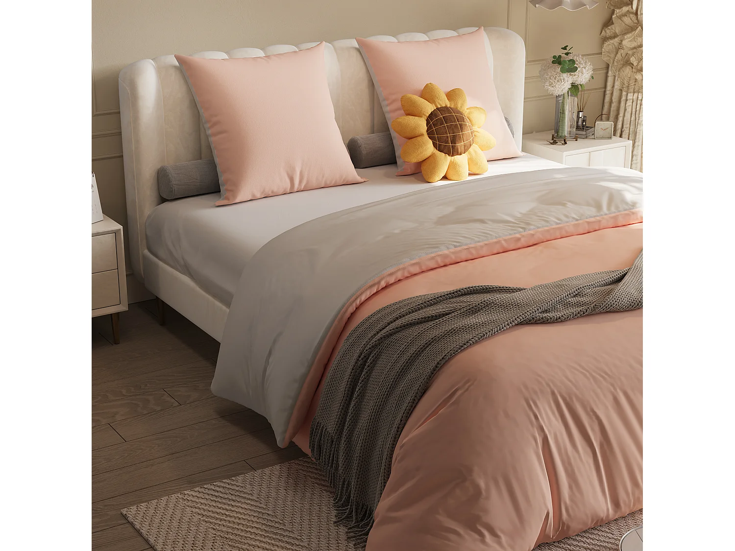 Juego de cama de 3 piezas, incluye 2 fundas de almohada (80 x 80 cm), 1 sábana bajera (160 x 200 cm) + 1 funda nórdica (155 x 220 cm), Blanco + Rosa, poliéster