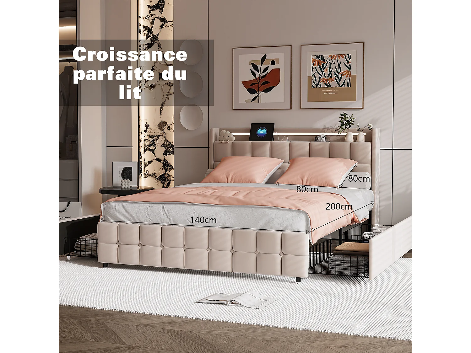 Conjunto de cama de 3 peças, fronha*2 (80 x 80), lençol com elástico (140 x 200) + capa de edredom (140 x 210), branco + rosa, poliéster