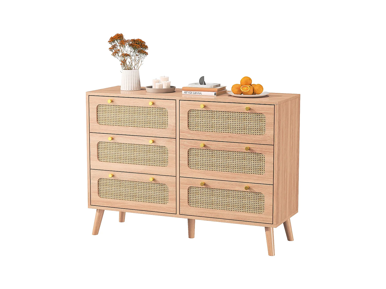 Commode à 6 tiroirs 100*34*73cm, avec poignées en métal, meuble à manger en rotin, bois, couleur bois naturel