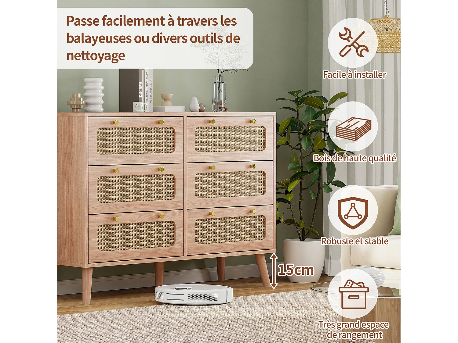 Commode à 6 tiroirs 100*34*73cm, avec poignées en métal, meuble à manger en rotin, bois, couleur bois naturel