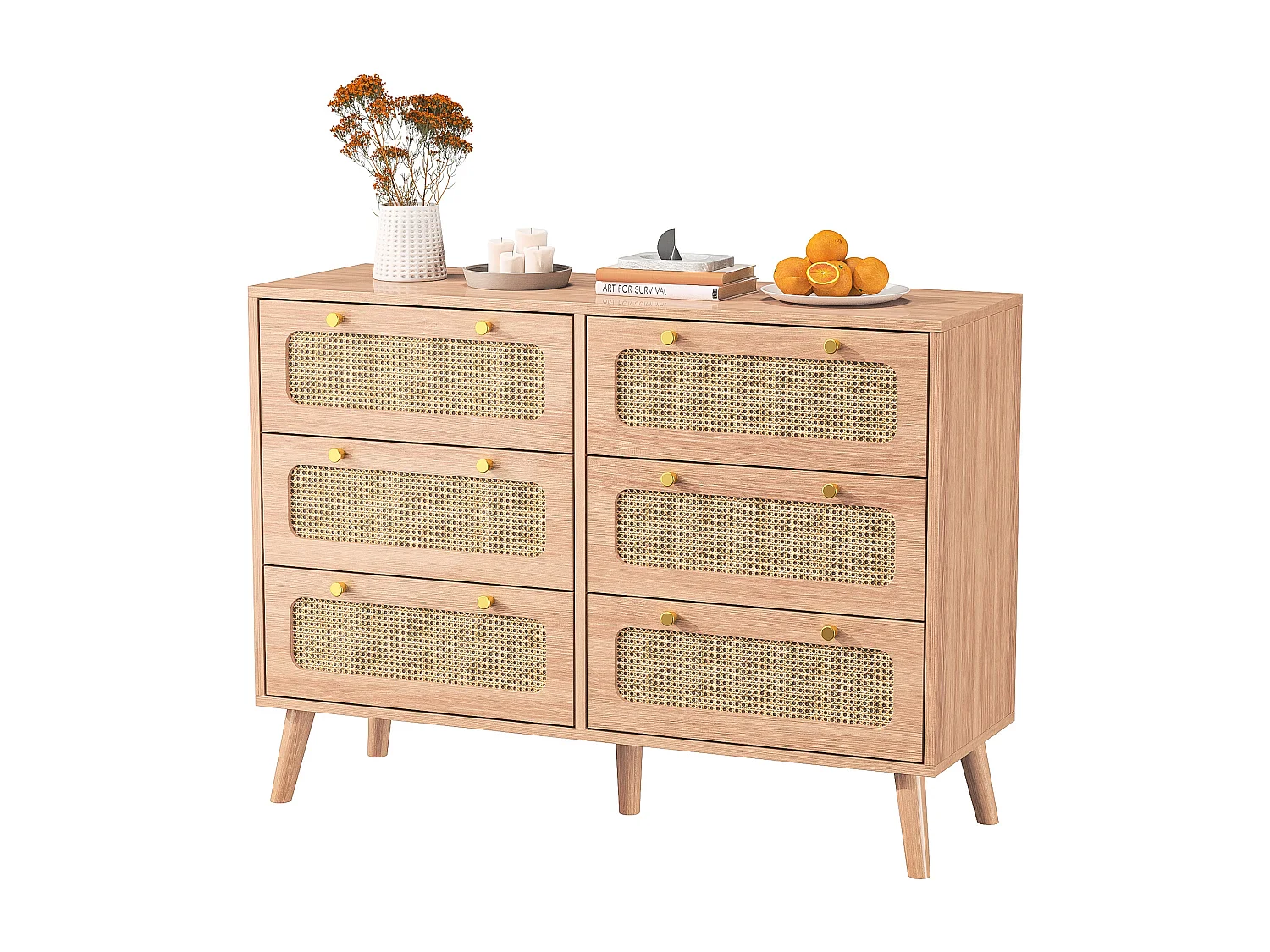 Commode à 6 tiroirs 100*34*73cm, avec poignées en métal, meuble à manger en rotin, bois, couleur bois naturel