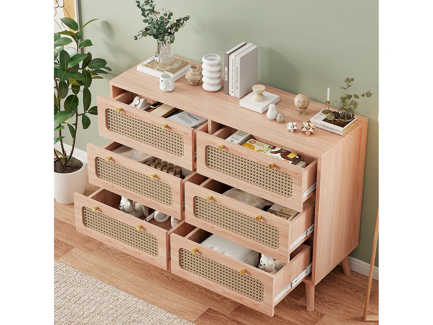 Commode à 6 tiroirs 100*34*73cm, avec poignées en métal, meuble à manger en rotin, bois, couleur bois naturel