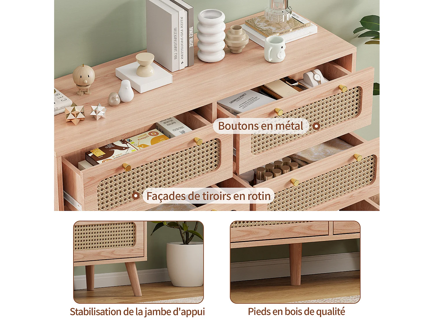 Commode à 6 tiroirs 100*34*73cm, avec poignées en métal, meuble à manger en rotin, bois, couleur bois naturel