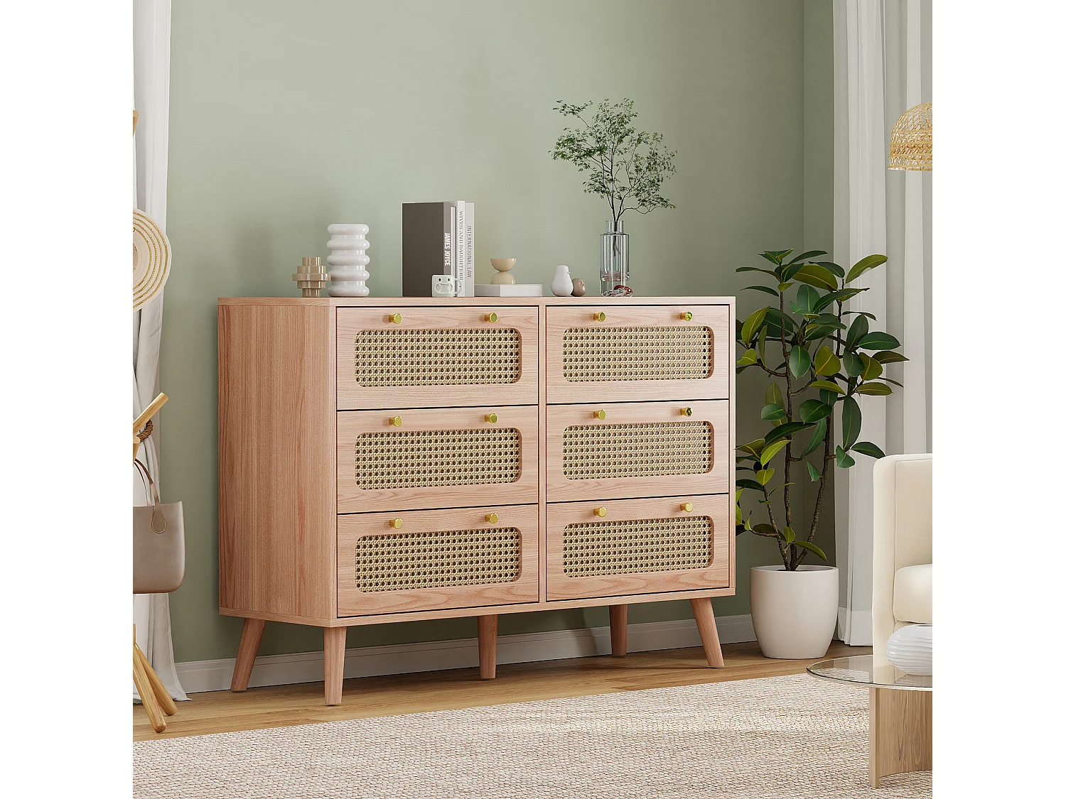 Commode à 6 tiroirs 100*34*73cm, avec poignées en métal, meuble à manger en rotin, bois, couleur bois naturel