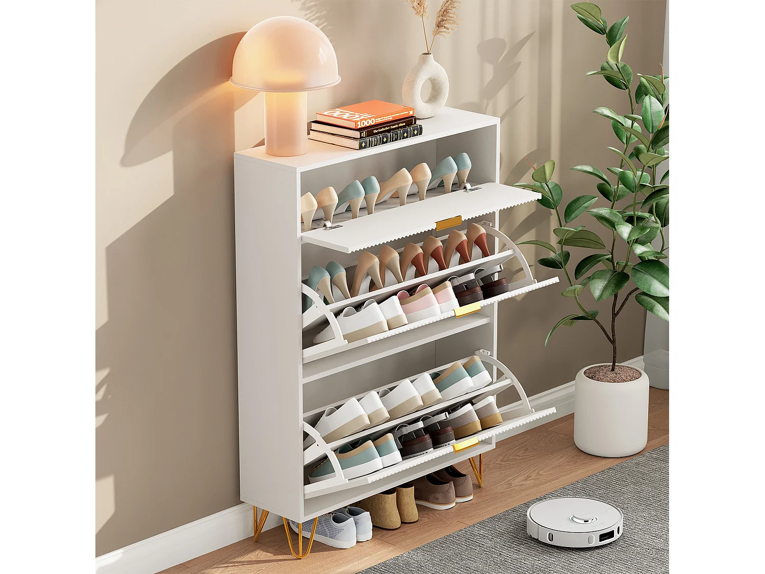 Armoire à chaussures étroite avec 3 tiroirs pliants, réglable, armoire à chaussures avec sécurité anti-basculement, 80 x 24 x 118,5 cm, bois, blanc