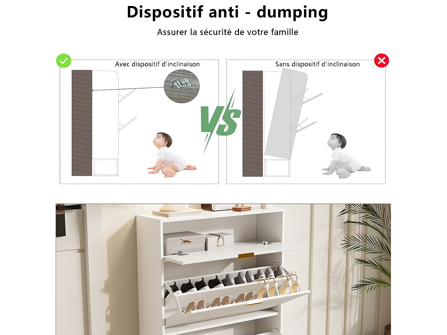 Armoire à chaussures étroite avec 3 tiroirs pliants, réglable, armoire à chaussures avec sécurité anti-basculement, 80 x 24 x 118,5 cm, bois, blanc