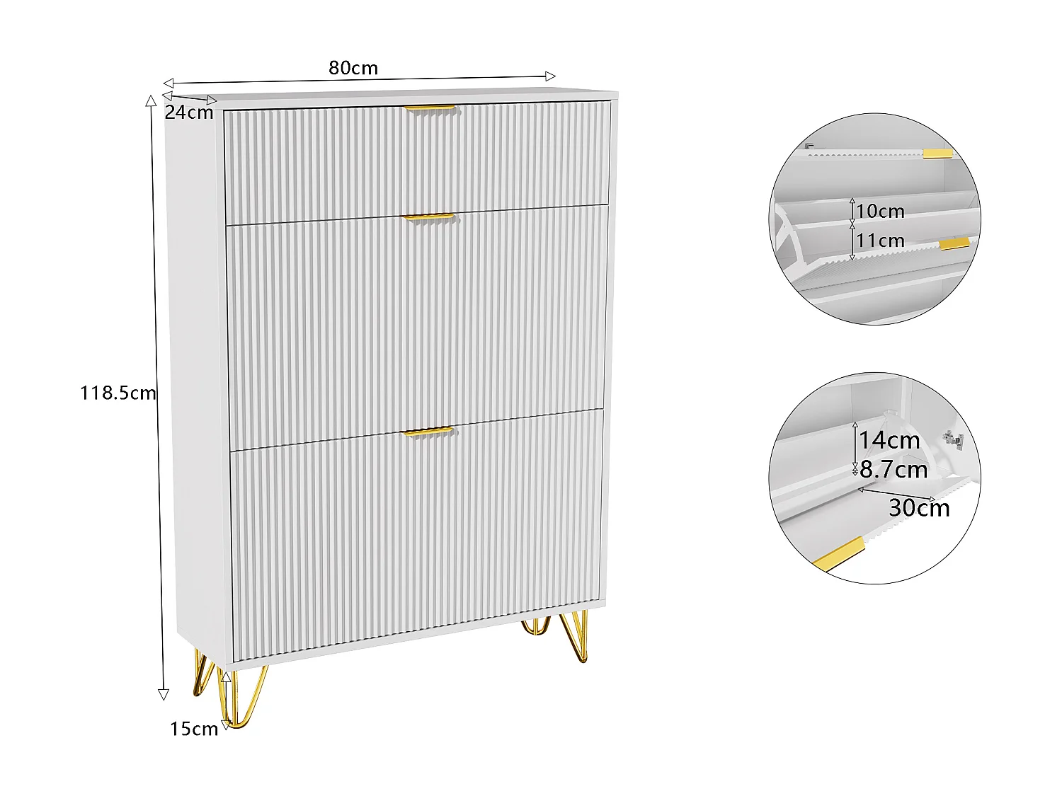 Armoire à chaussures étroite avec 3 tiroirs pliants, réglable, armoire à chaussures avec sécurité anti-basculement, 80 x 24 x 118,5 cm, bois, blanc