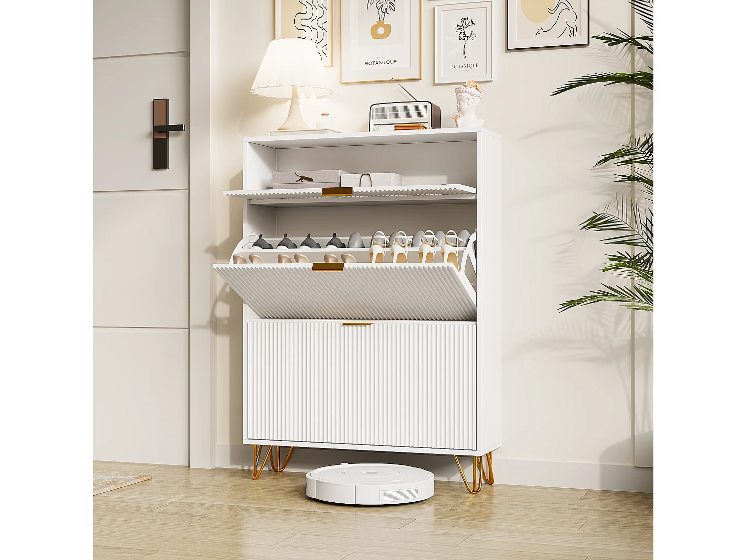 Armoire à chaussures étroite avec 3 tiroirs pliants, réglable, armoire à chaussures avec sécurité anti-basculement, 80 x 24 x 118,5 cm, bois, blanc