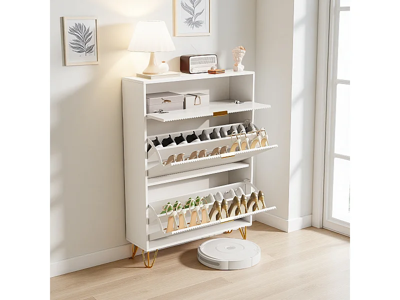 Armoire à chaussures étroite avec 3 tiroirs pliants, réglable, armoire à chaussures avec sécurité anti-basculement, 80 x 24 x 118,5 cm, bois, blanc