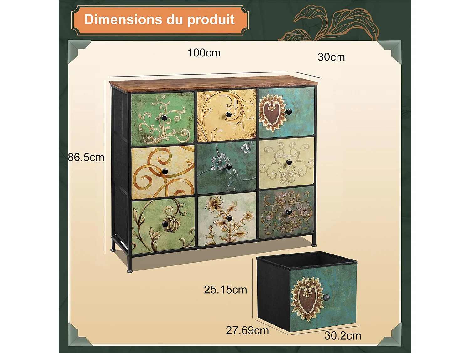 Cassettiera a 9 cassetti, stile bohémien, 100 x 86,5 x 30 cm. Tessuto non tessuto + legno + struttura in ferro