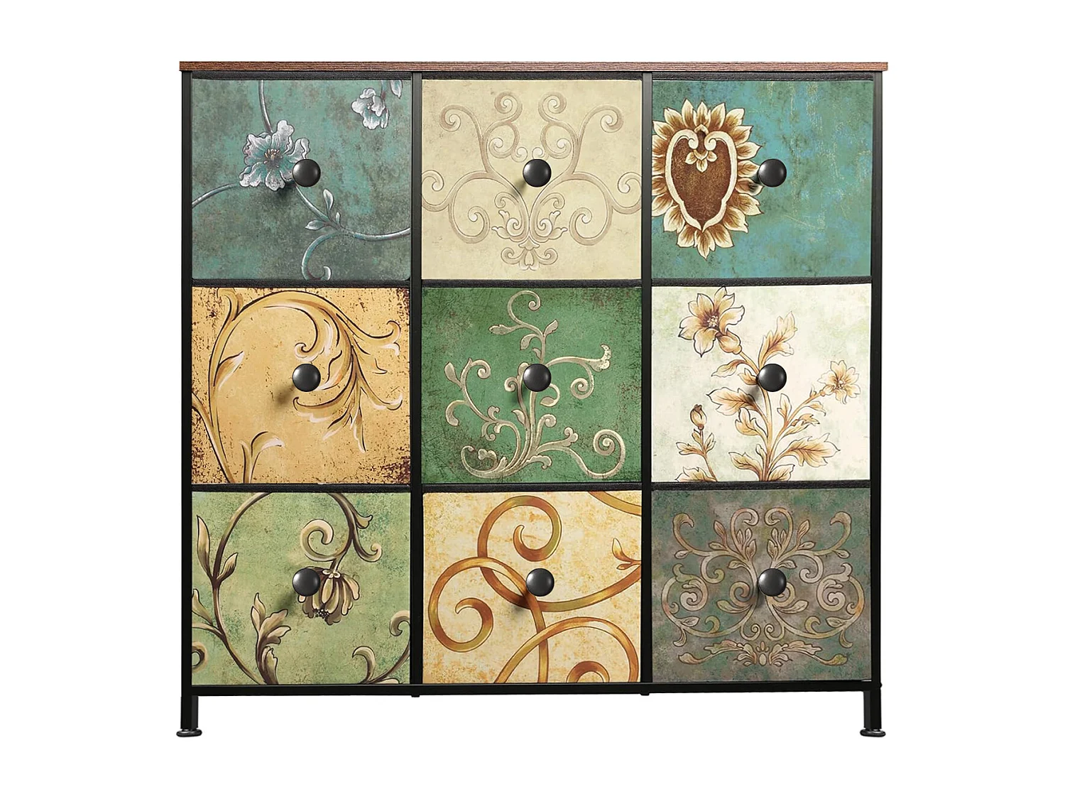 Cassettiera a 9 cassetti, stile bohémien, 100 x 86,5 x 30 cm. Tessuto non tessuto + legno + struttura in ferro