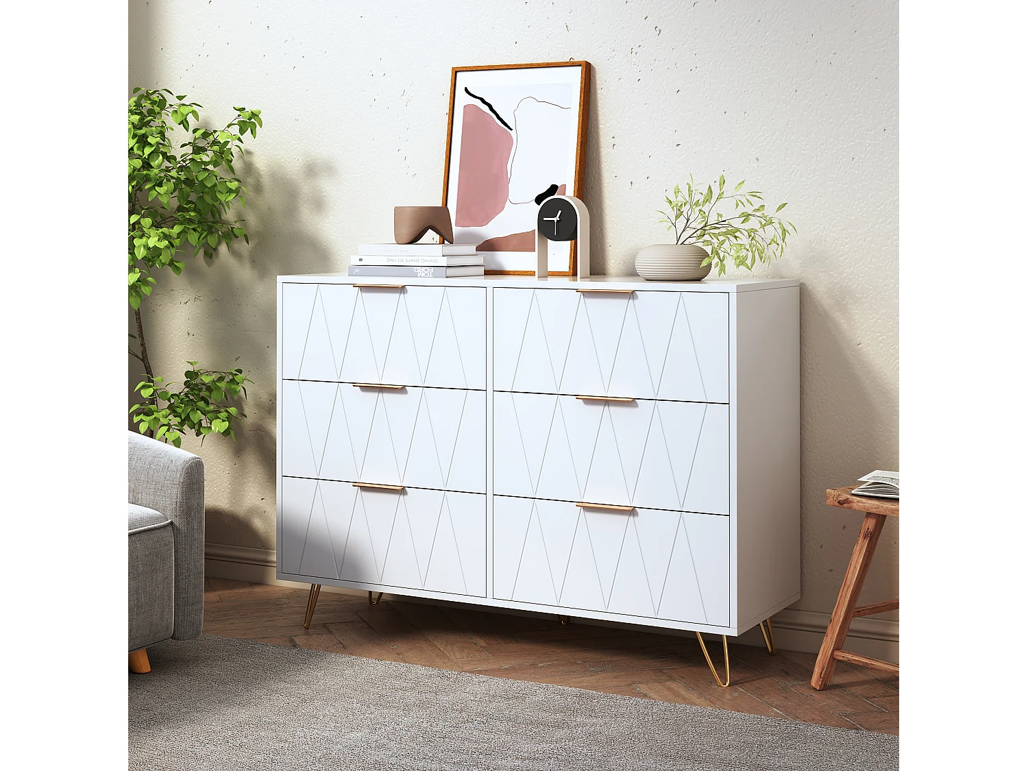 Cassettiera a 6 cassetti, 100 x 34 x 72,5 cm, design moderno, mobile contenitore, facile da montare, bianco