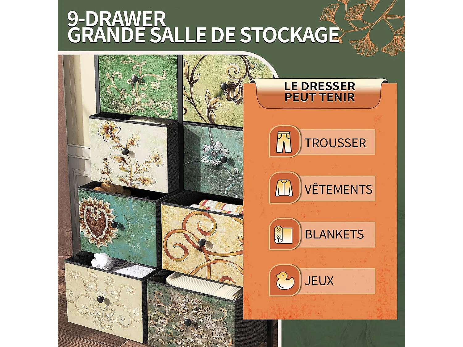 Commode 8 tiroirs, commode style bohème, 67,5 * 100 * 30 cm. Tissu non tissé + bois + cadre en fer