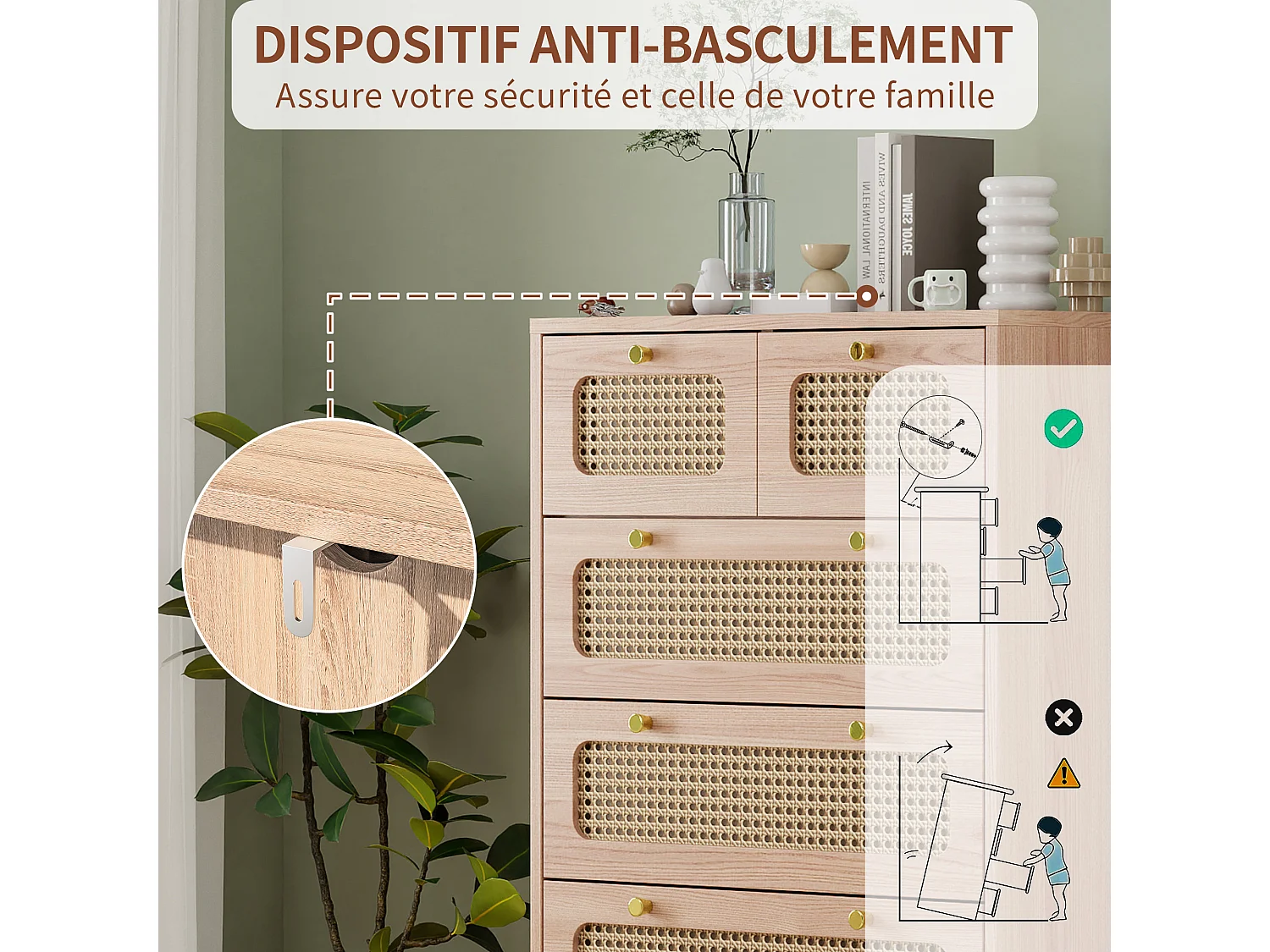 Commode à 5 tiroirs 60*34*91cm, avec poignées en métal, meuble à manger en rotin, bois, couleur bois naturel